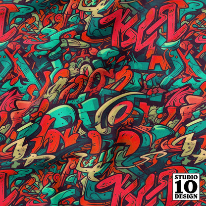 Graffiti Wildstyle (Red & Cyan) Printed Fabric by Studio Ten Design