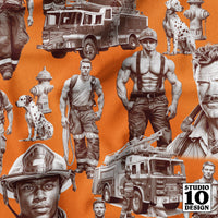 Handsome Fire Fighters Toile (Orange) Printed Fabric