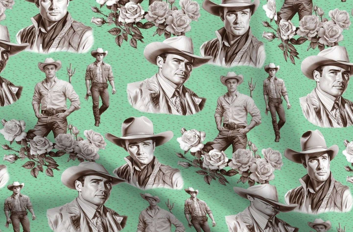 Handsome Cowboys Toile (Jade) Fabric