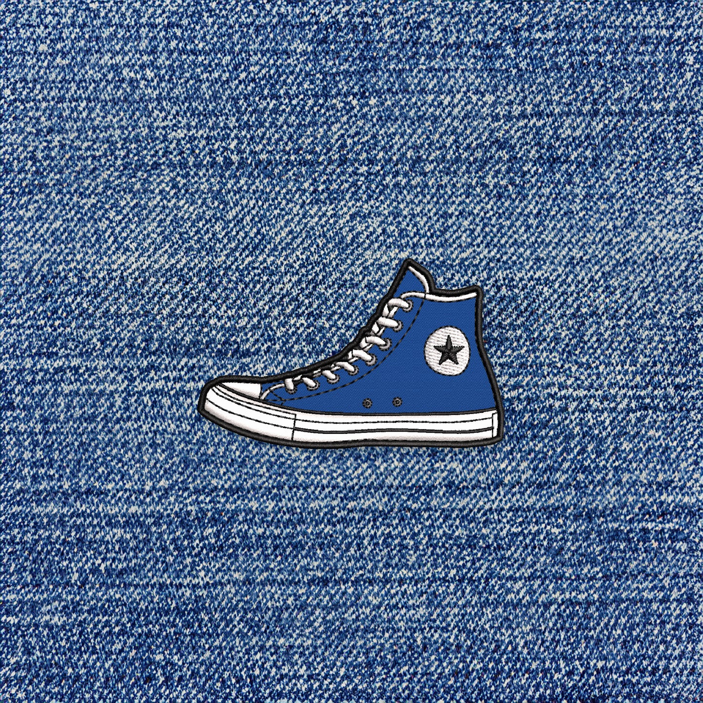 Blue High Top Sneaker Iron-on Patch shown on denim by Studio Ten Design