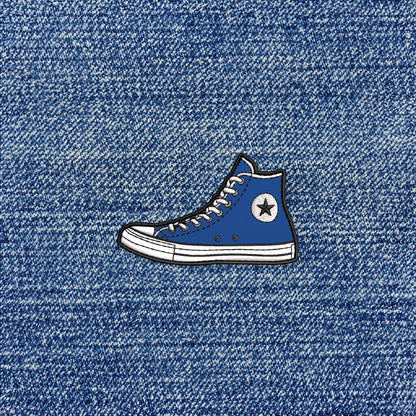 Blue High Top Sneaker Iron-on Patch shown on denim by Studio Ten Design