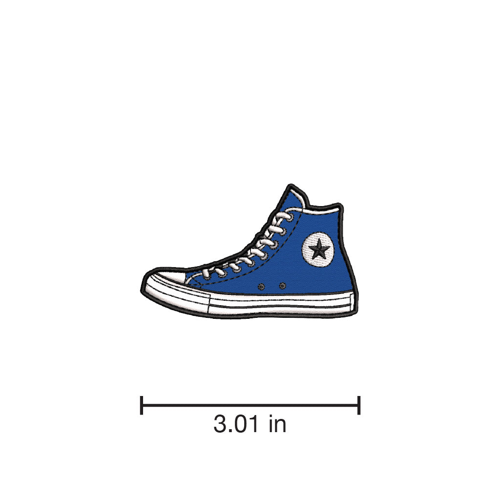 Blue High Top Sneaker Iron-on Patch, with dimensions by Studio Ten Design