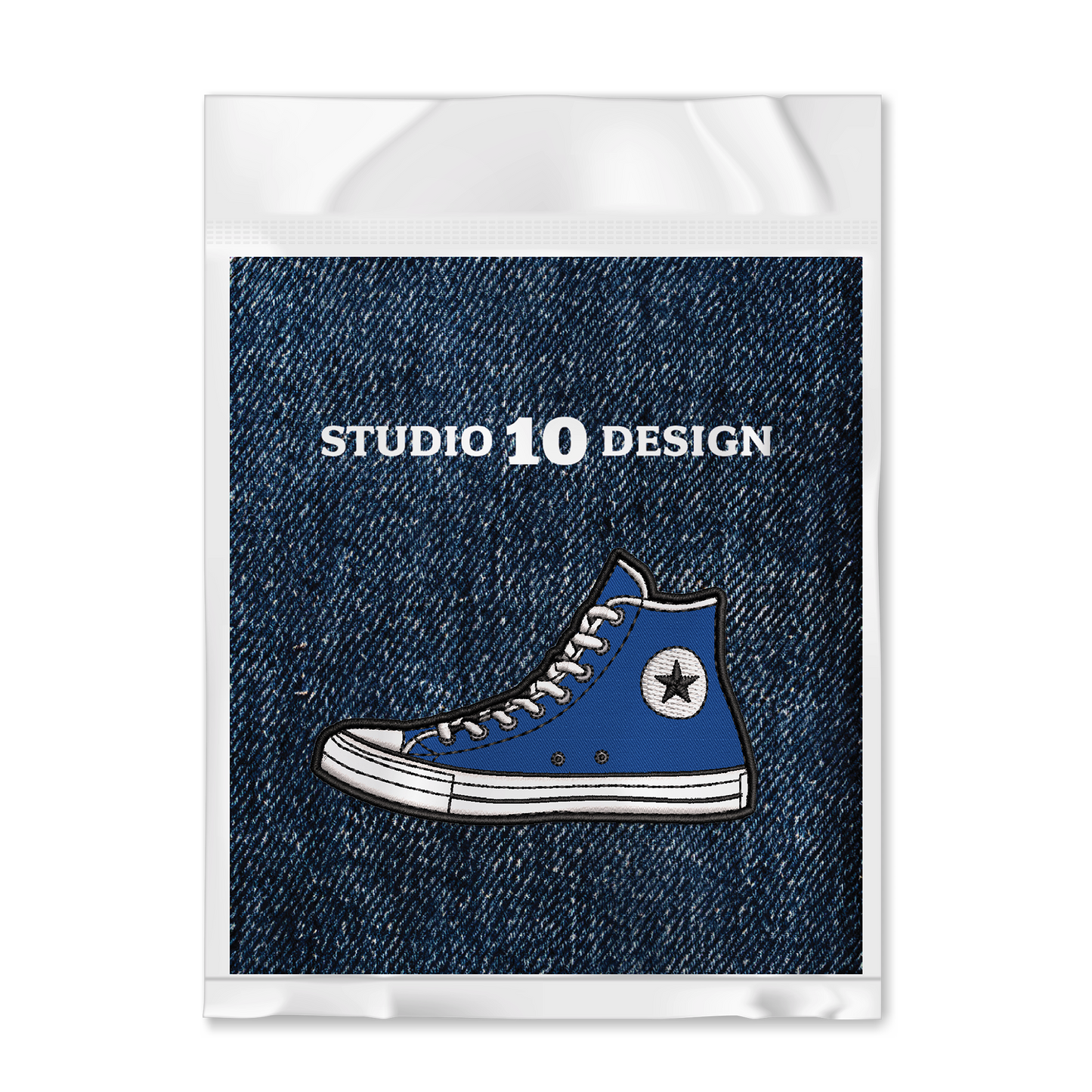 Blue High Top Sneaker Iron-on Patch shown in package by Studio Ten Design