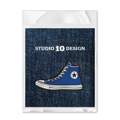 Blue High Top Sneaker Iron-on Patch shown in package by Studio Ten Design