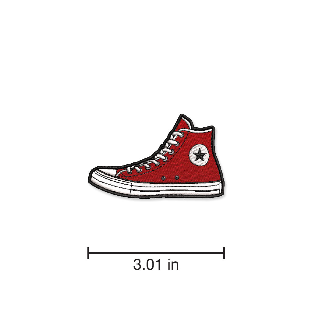 Red High Top Sneaker Iron-on Patch (with dimensions) by Studio Ten Design