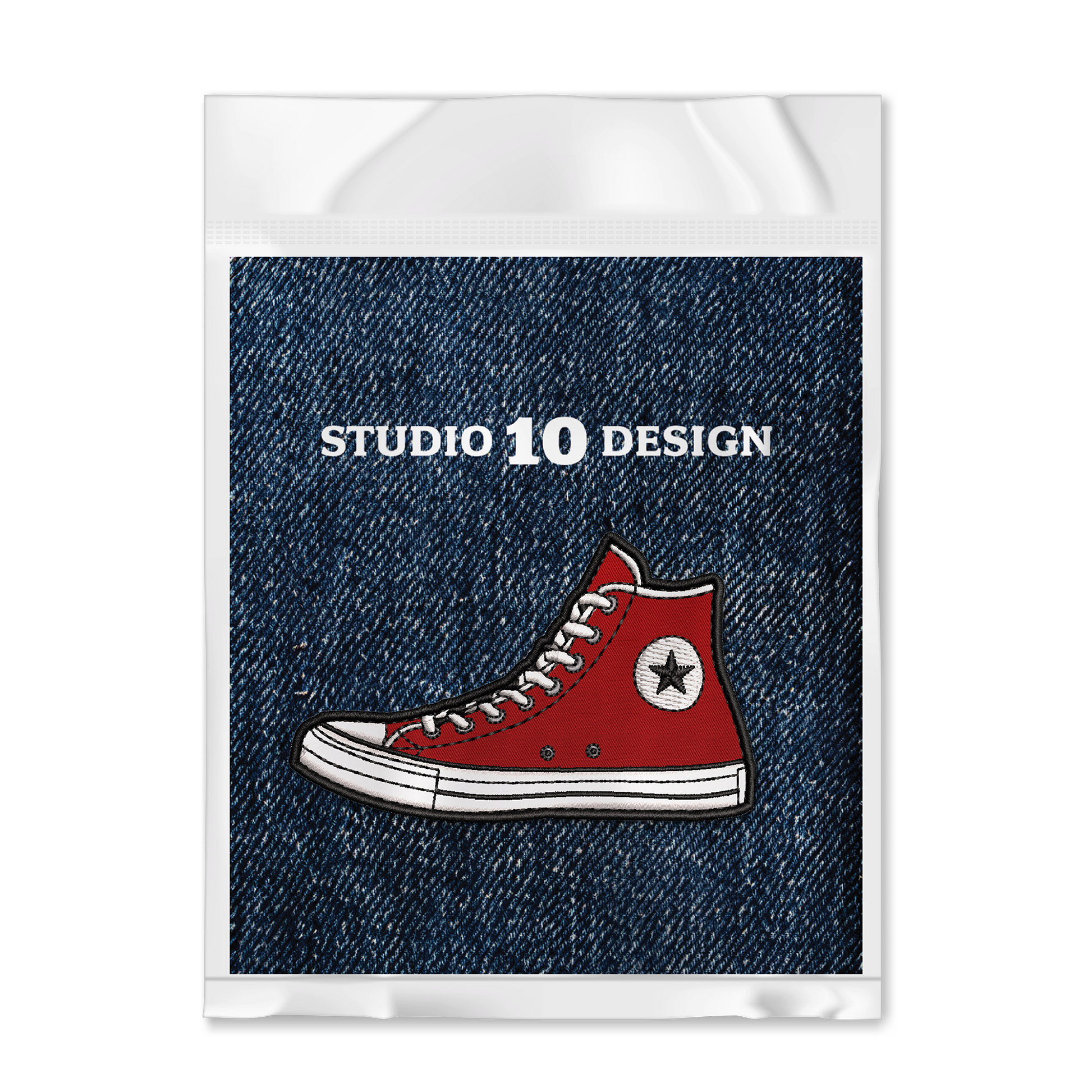 Red High Top Sneaker Iron-on Patch shown in package by Studio Ten Design