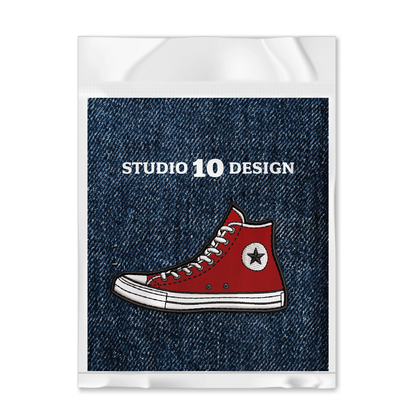 Red High Top Sneaker Iron-on Patch shown in package by Studio Ten Design