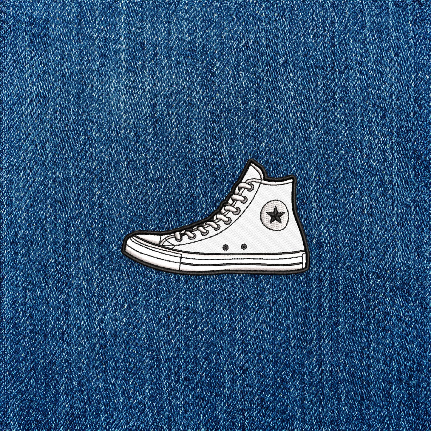 White High Top Sneaker Iron-on Patch shown on denim by Studio Ten Design