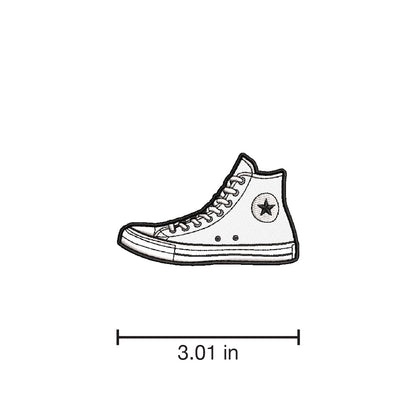 White High Top Sneaker Iron-on Patch, with dimensions by Studio Ten Design