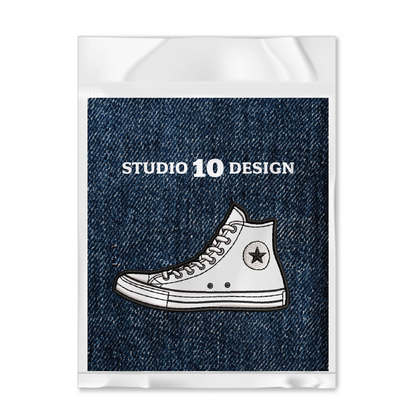 White High Top Sneaker Iron-on Patch shown in package by Studio Ten Design