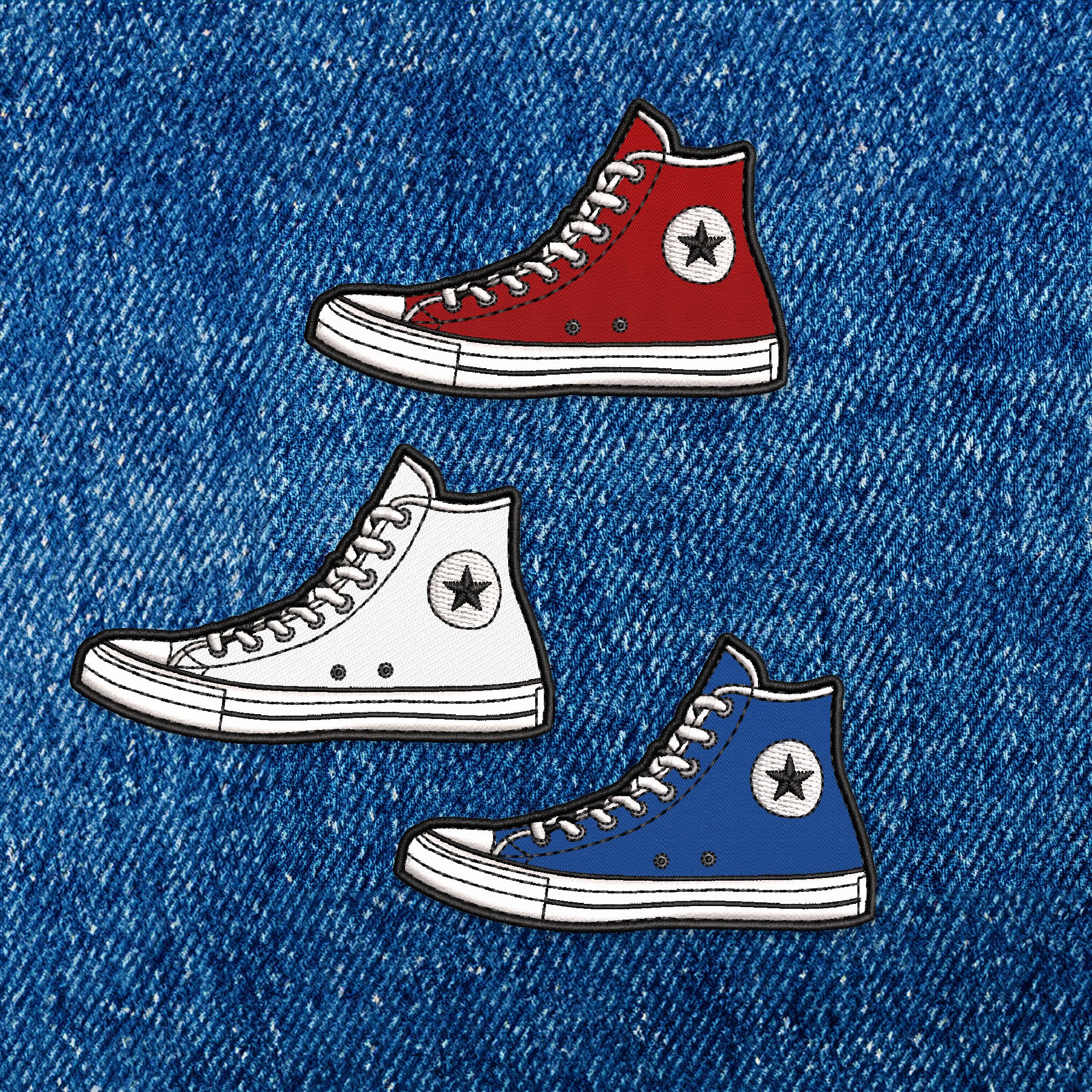 Embroidered Iron-On Patches: High-Top Sneakers in red, white, blue by Studio Ten Design. Shown on a denim background.