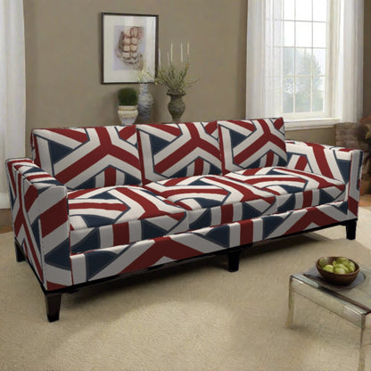 Geometric Patriotic jacquard fabric (Extra Large scale) shown upholstering a sofa. Fabric design by Studio Ten Desisgn.