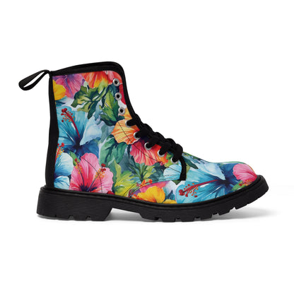 Watercolor Hibiscus (Light #4) Women's Canvas Boots (Black Soles) by Studio Ten Design