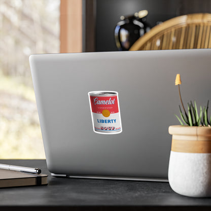 Camelot brand condensed Liberty Soup - 3 x 4 inch vinyl sticker (shown on a laptop) by Studio Ten Design