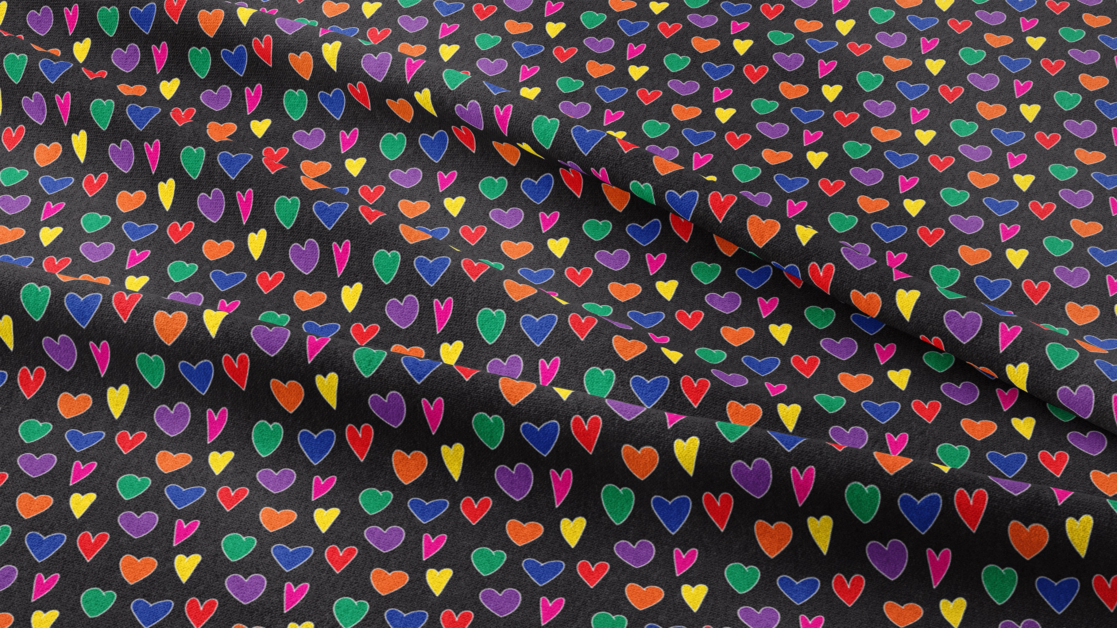 Mini Rainbow Hearts (Black) Printed Fabric by Studio Ten Design