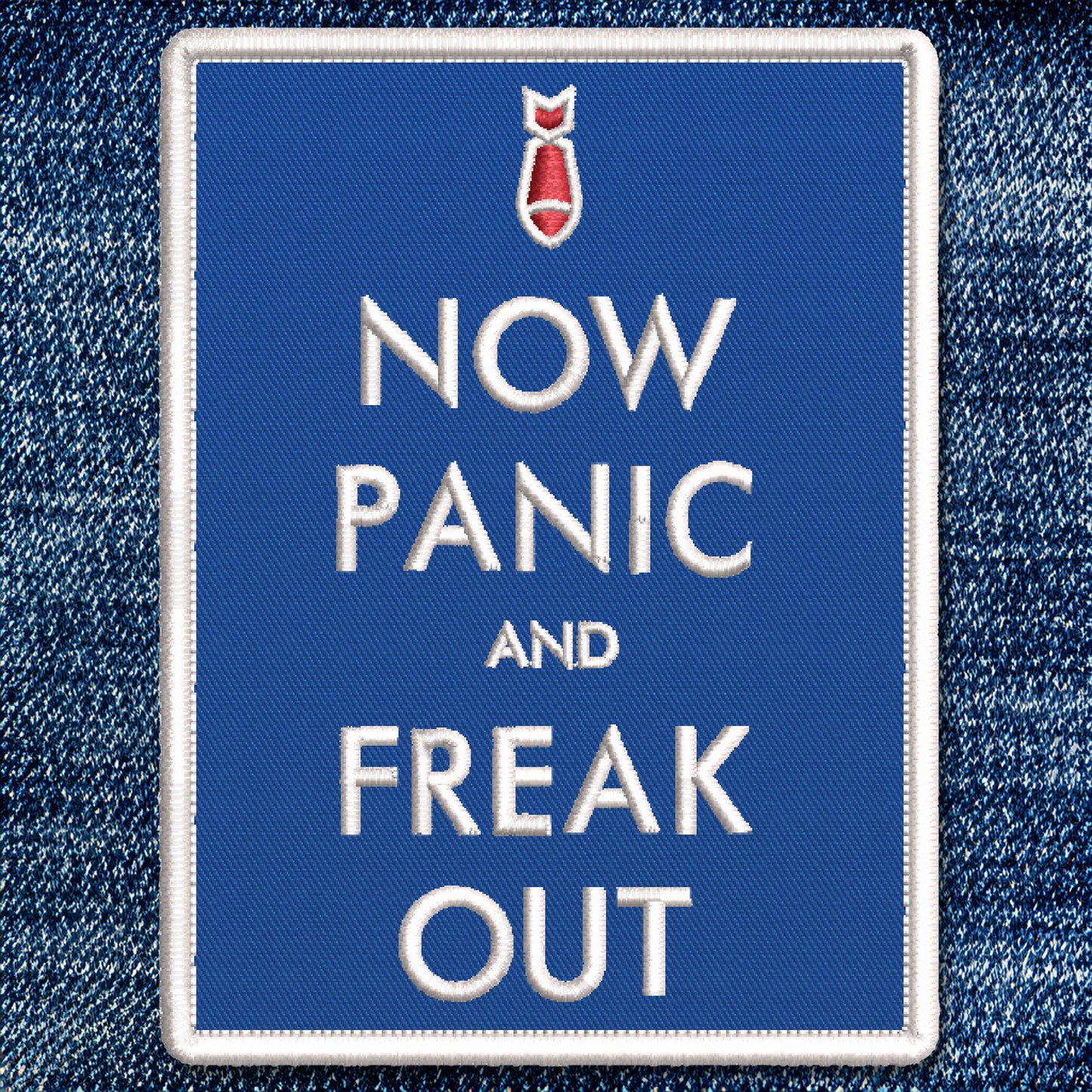 Now Panic and Freak Out Blue Embroidered Iron-On Patch on denim by Studio Ten Design