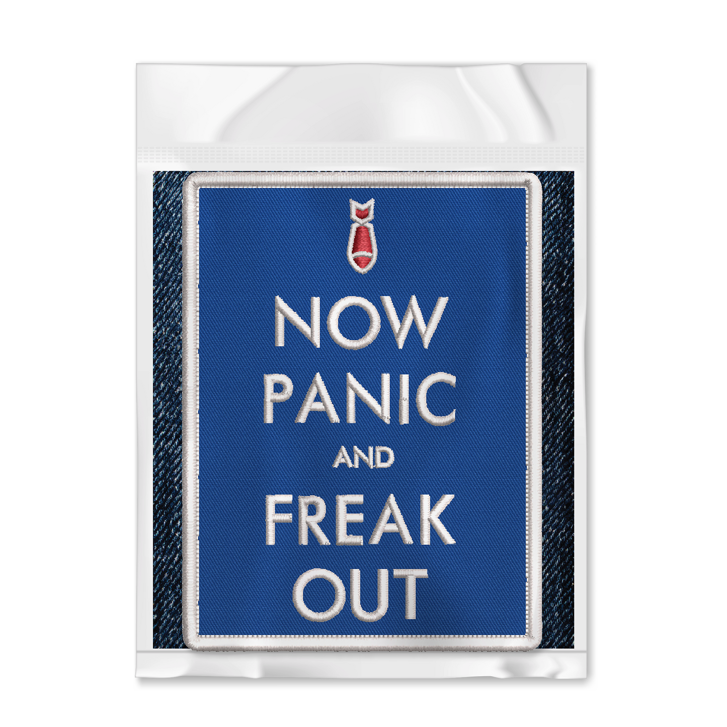 Now Panic and Freak Out Blue Embroidered Iron-On Patch shown in package by Studio Ten Design