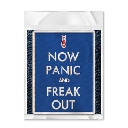 Now Panic and Freak Out Blue Embroidered Iron-On Patch shown in package by Studio Ten Design