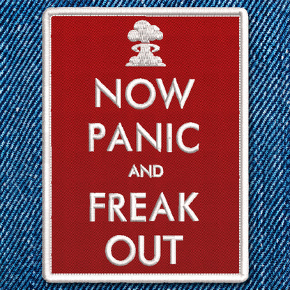 Now Panic and Freak Out Red Embroidered Iron-On Patch on denim by Studio Ten Design