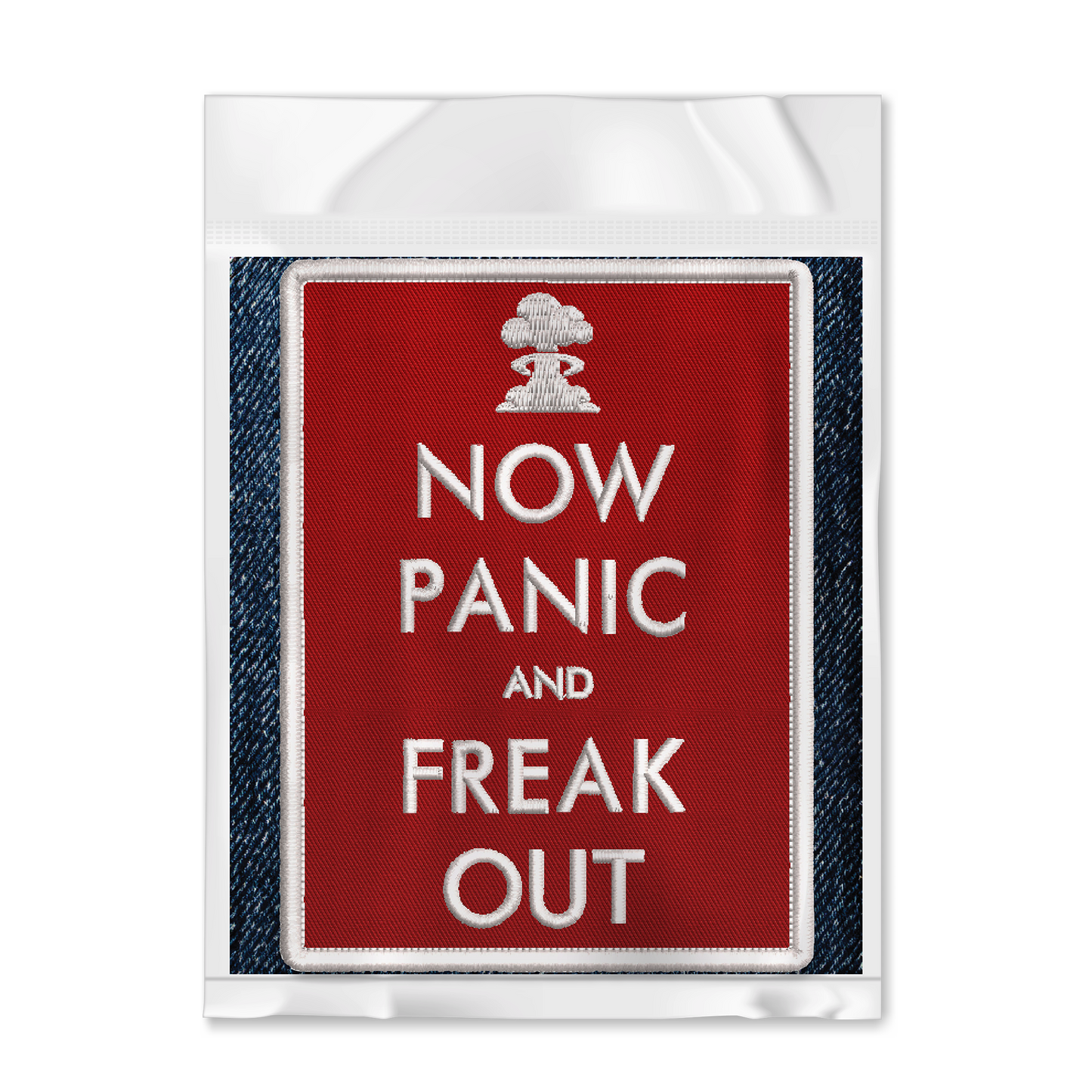 Now Panic and Freak Out Red Embroidered Iron-On Patch shown in package by Studio Ten Design