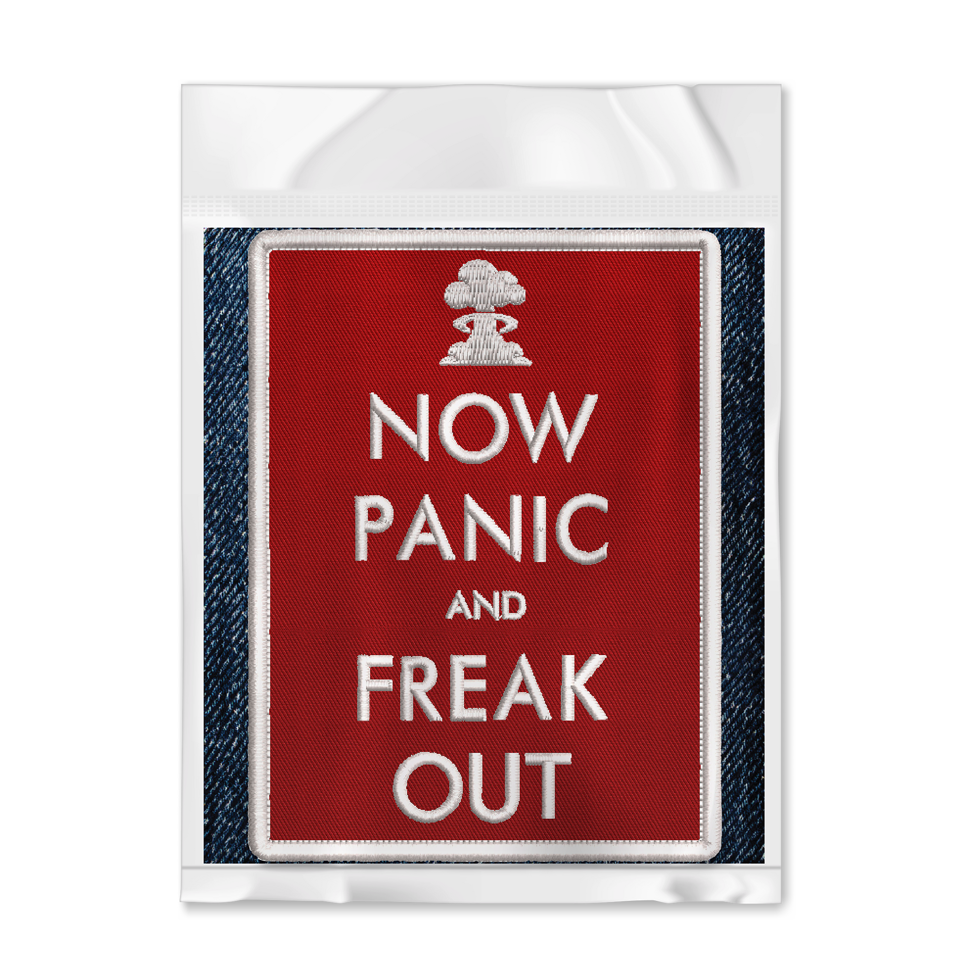 Now Panic and Freak Out Red Embroidered Iron-On Patch shown in package by Studio Ten Design