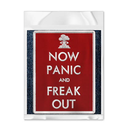 Now Panic and Freak Out Red Embroidered Iron-On Patch shown in package by Studio Ten Design