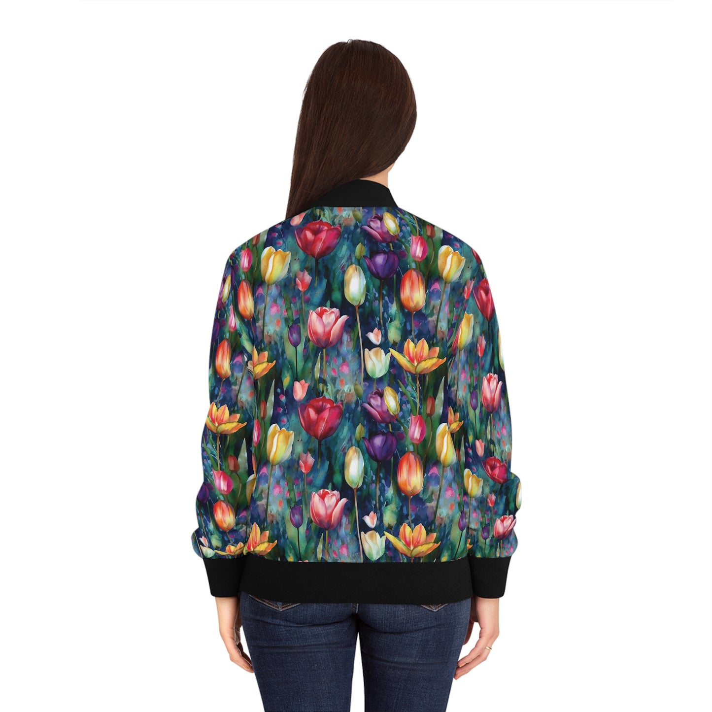 Midnight Sonata Watercolor Tulips Women's Bomber Jacket by Studio Ten Design