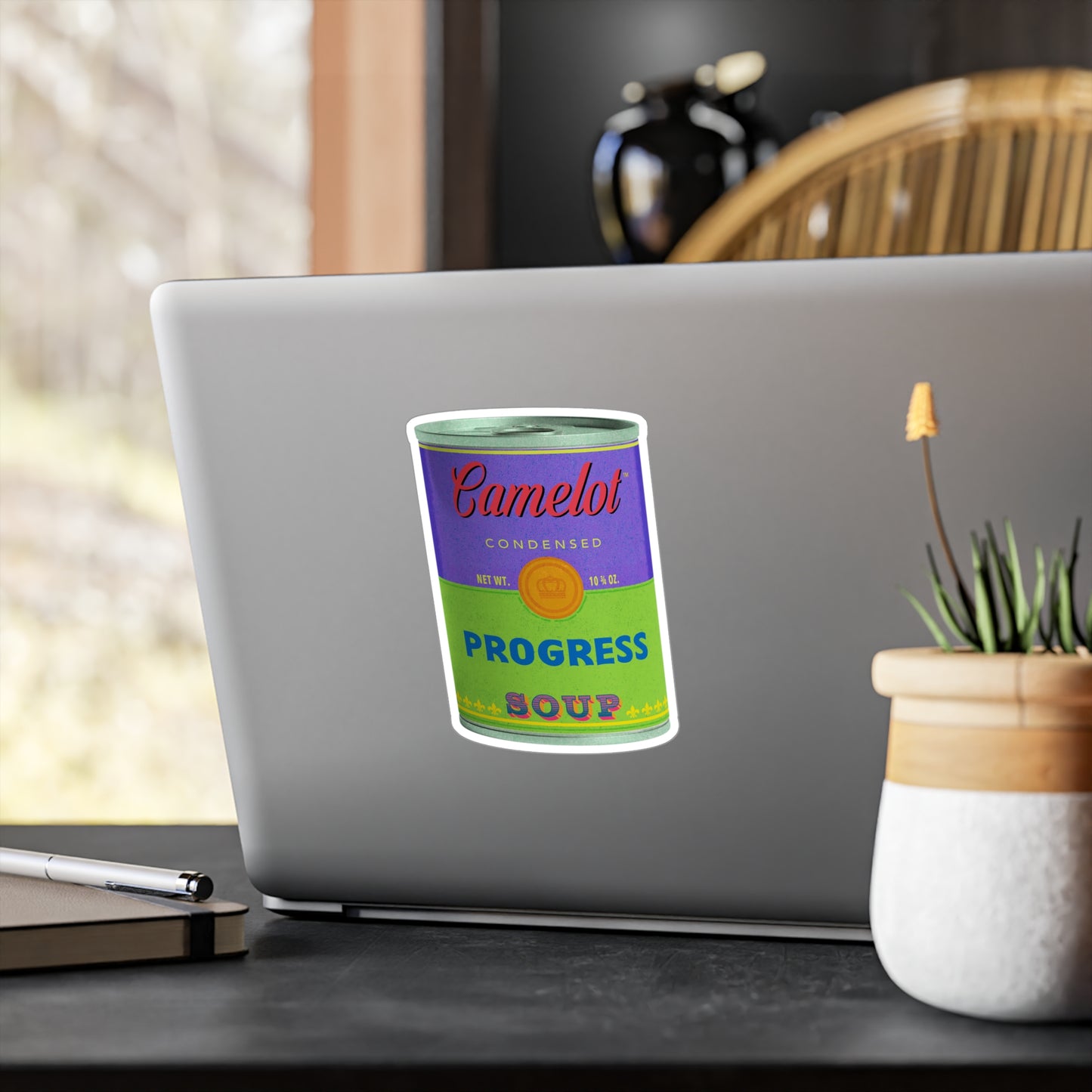 Camelot Brand Progress Soup Kiss-Cut Vinyl Decal (4 x 6 inches; shown on laptop) by Studio Ten Design