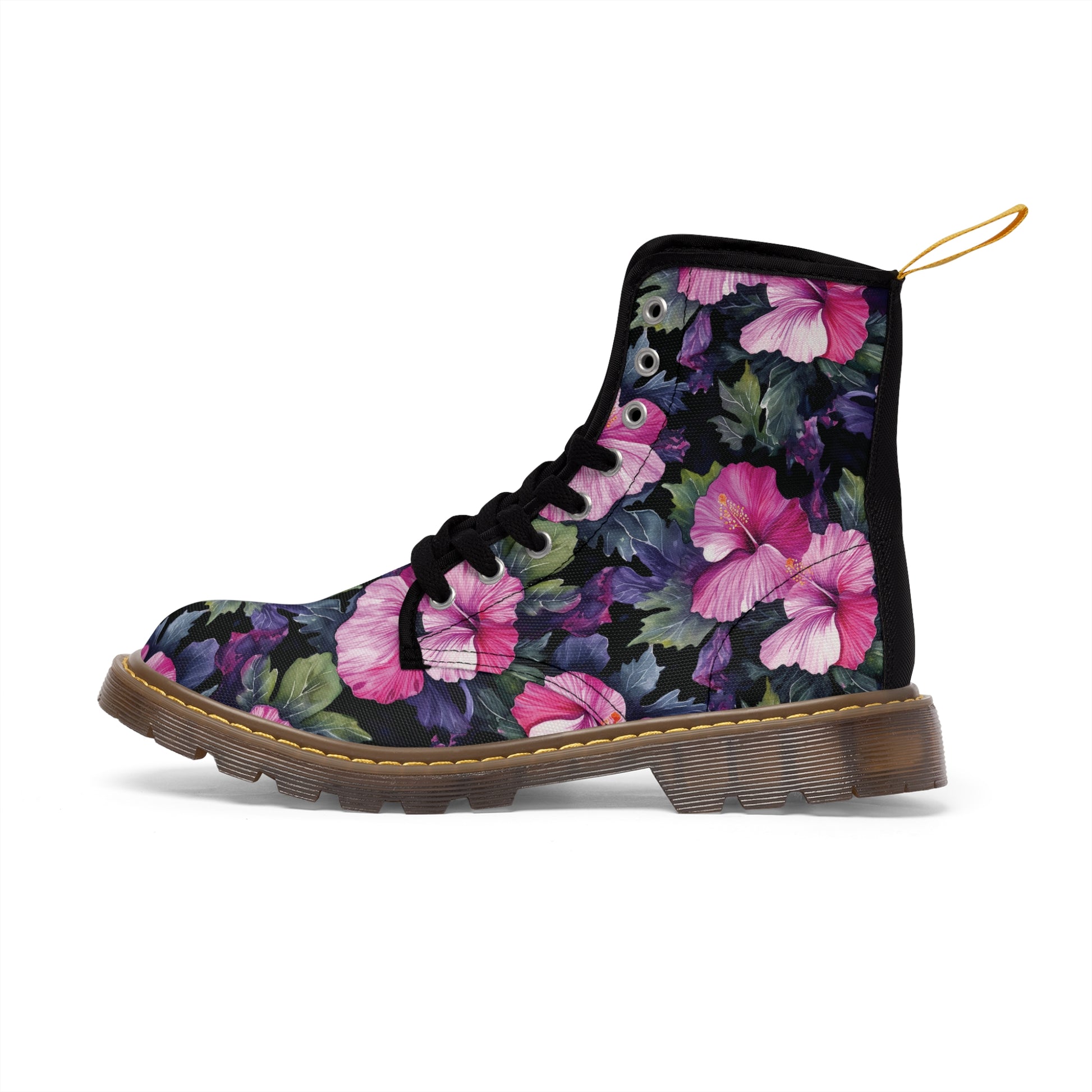 Watercolor Hibiscus (Dark #3) Men's Canvas Boots - Brown, by Studio Ten Design