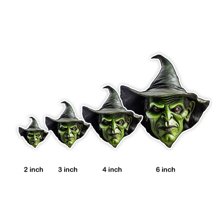 Vintage Scary Witch Mask Evil Green with Pointed Black Hat Kiss-Cut Sticker Sizes by Studio Ten Design