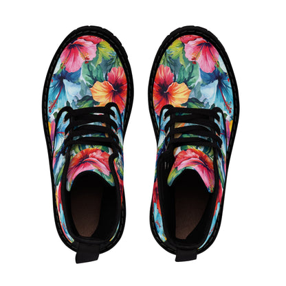 Watercolor Hibiscus (Light #4) Men's Canvas Boots (Black) by Studio Ten Design