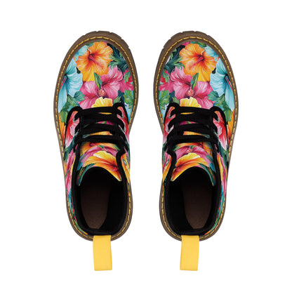 Watercolor Hibiscus (Light #2) Women's Canvas Boots (Brown Soles) by Studio Ten Design