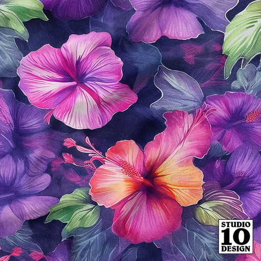 Watercolor Hibiscus (Dark I) Printed Fabric by Studio Ten Design