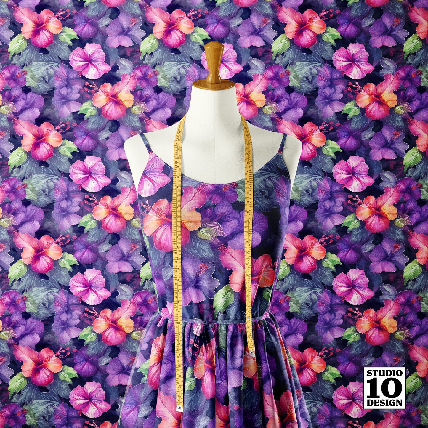 Watercolor Hibiscus (Dark I) Printed Fabric by Studio Ten Design