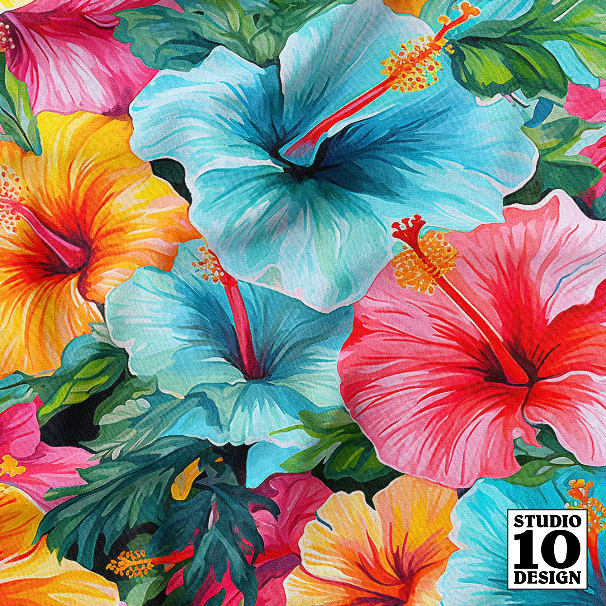 Watercolor Hibiscus Flowers (Light II) Printed Fabric by Studio Ten Design