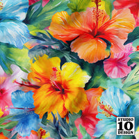 Watercolor Hibiscus Flowers (Light #3) Printed Fabric