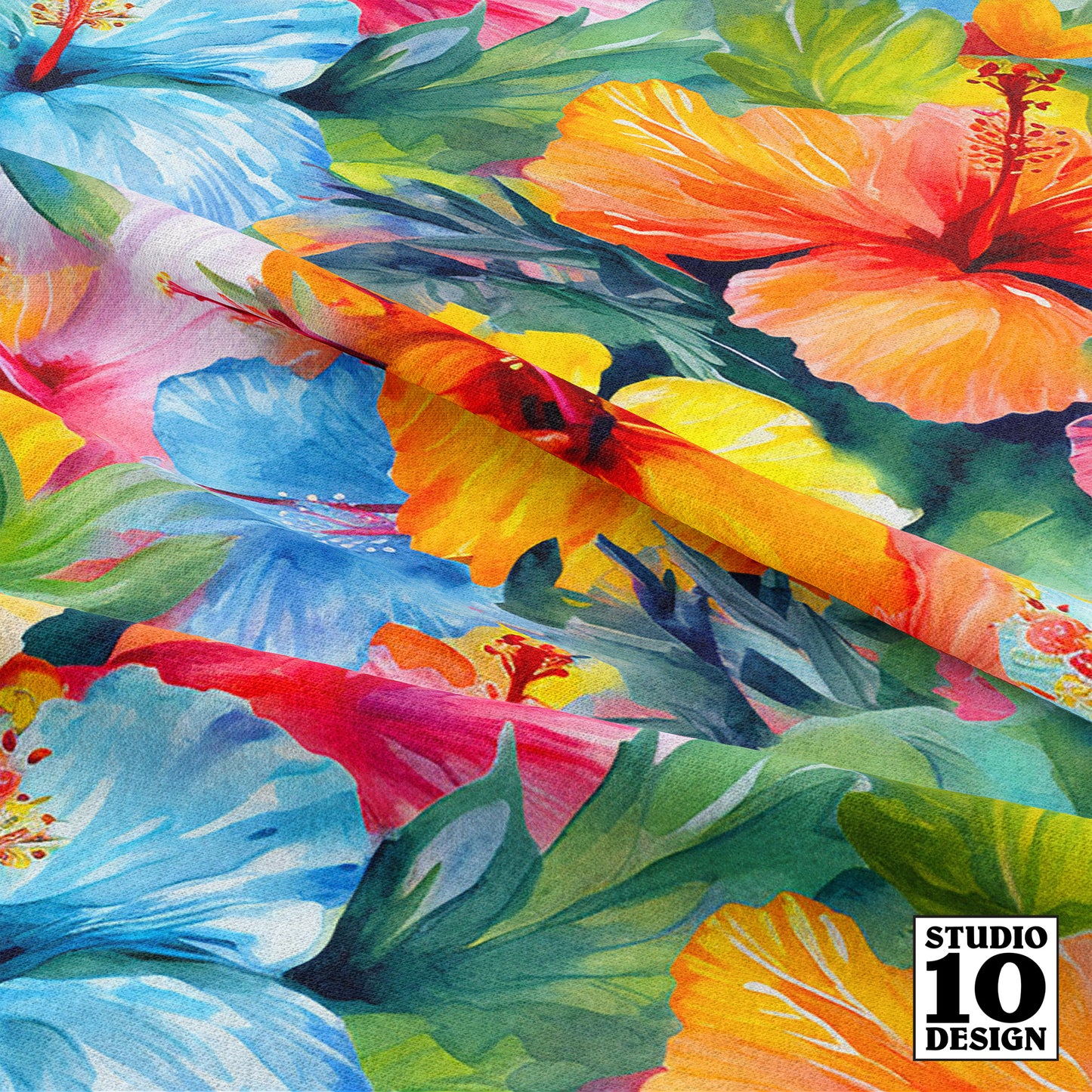 Watercolor Hibiscus Flowers (Light III) Printed Fabric by Studio Ten Design