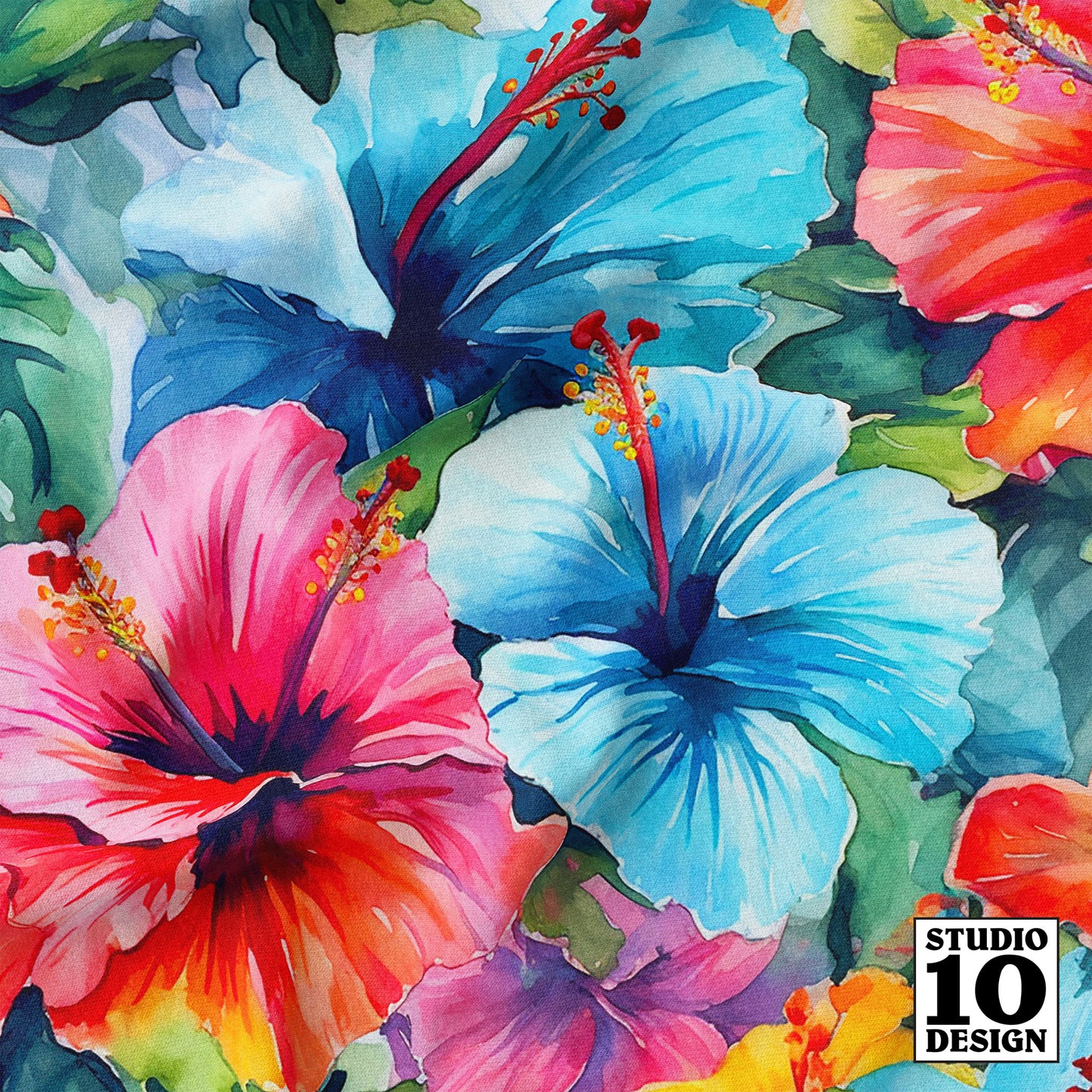 Watercolor Hibiscus Flowers (Light IV) Printed Fabric by Studio Ten Design