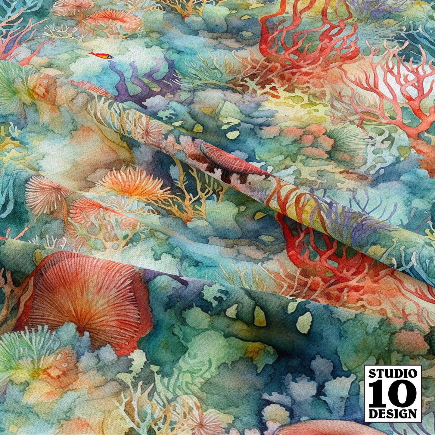 Watercolor Coral Reef (Light) Printed Fabric by Studio Ten Design