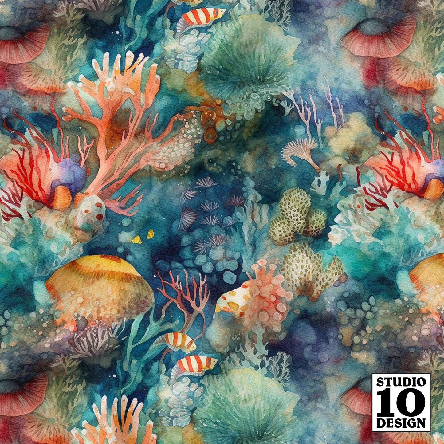 Watercolor Coral Reef (Dark) Printed Fabric by Studio Ten Design