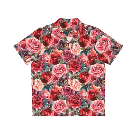 Cherry Parfait Watercolor Roses Aloha Shirt (Front) by Studio Ten Design