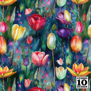 Midnight Sonata Watercolor Tulips Printed Fabric