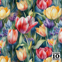 Tela estampada con tulipanes de acuarela Vibrant Rhapsody