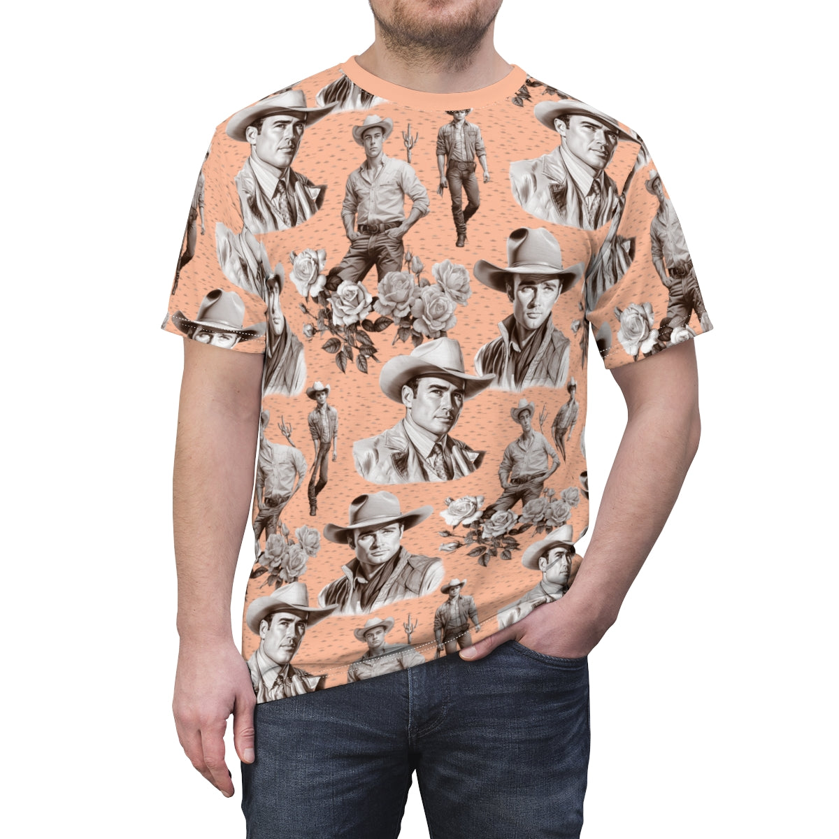 Handsome Cowboys Toile (Peach) T-Shirt by Studio Ten Design