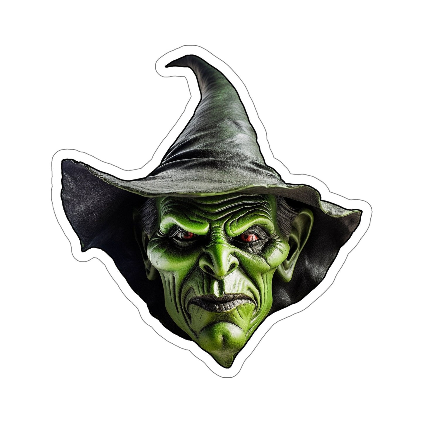 Vintage Scary Witch Mask Evil Green with Pointed Black Hat Kiss-Cut White Sticker by Studio Ten Design