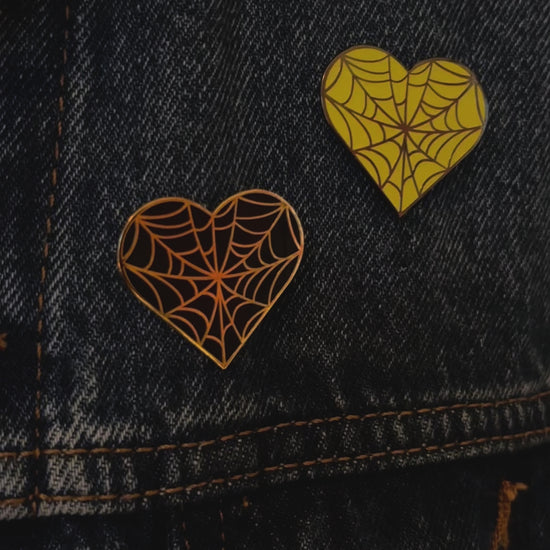 Cobweb Heart Enamel Pins, lighted & glowing in the dark