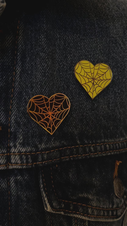 Cobweb Heart Enamel Pins, lighted & glowing in the dark