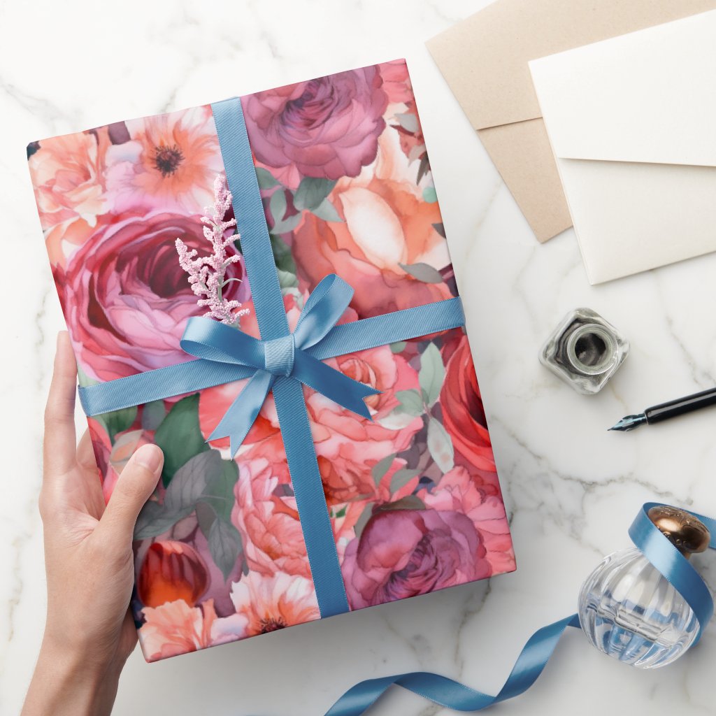 Light Watercolor Roses Wrapping Paper Roll