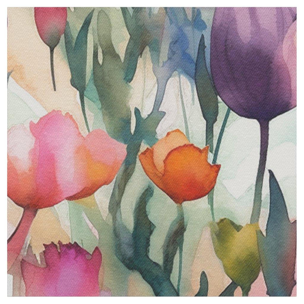Watercolor Tulips (Light) Cotton Twill Printed Fabric