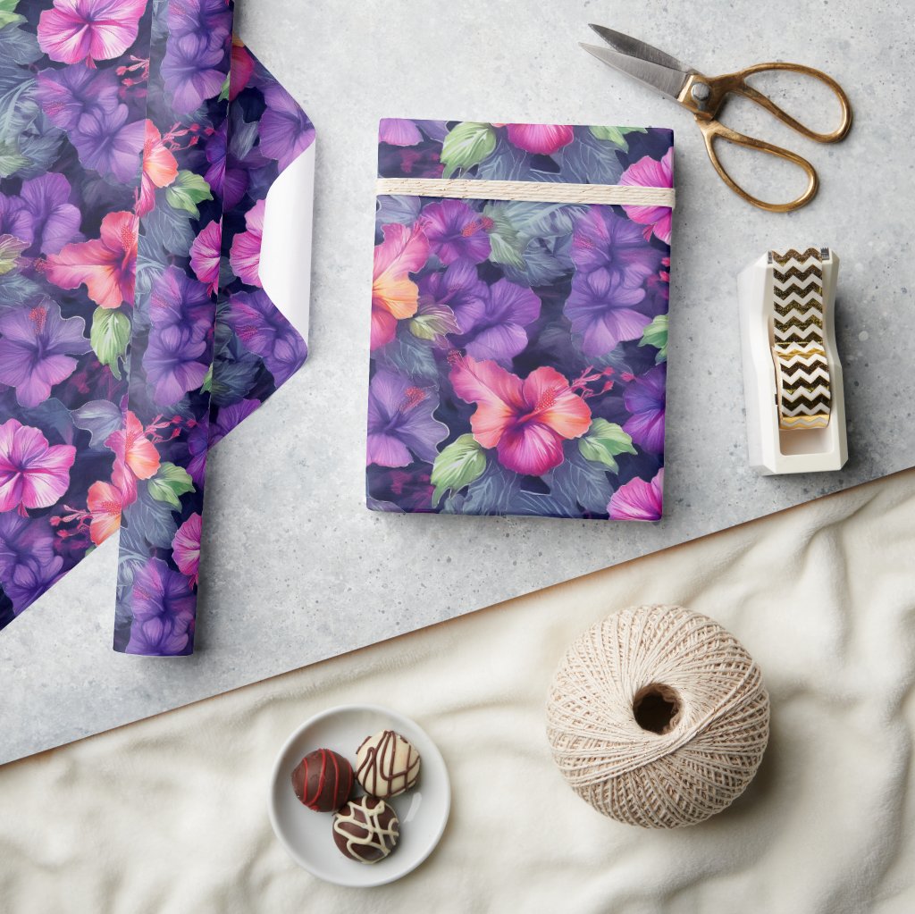 Watercolor Hibiscus (Dark I) Wrapping Paper Roll